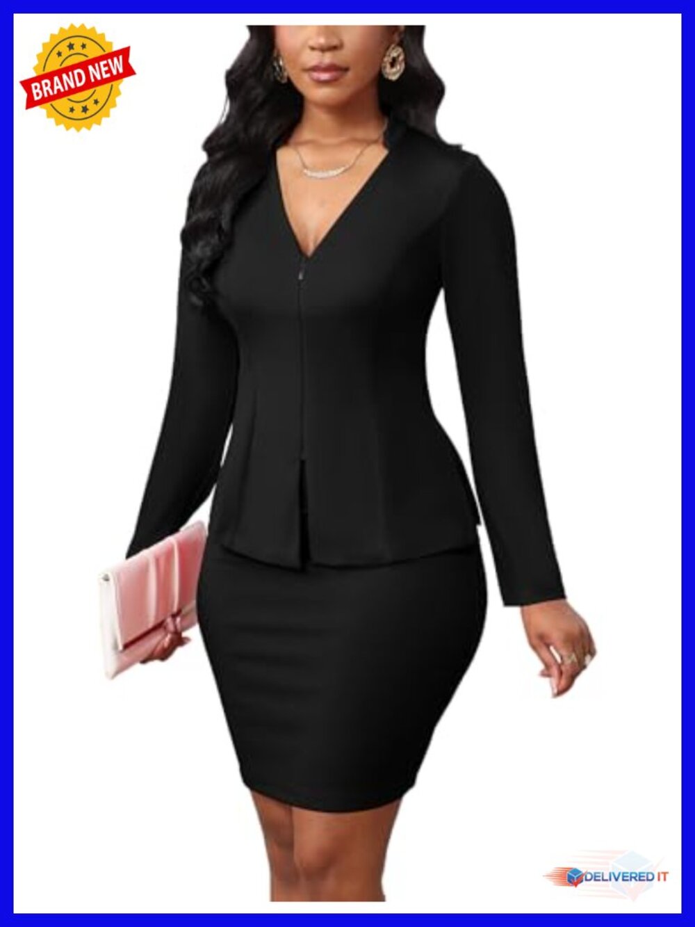 2 Piece Suit Set Zip Up Blazer Jacket Pencil Skirt Outfit Business Work Office
